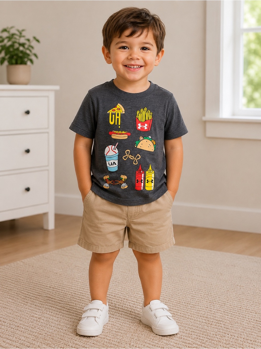 Under Armour • NWT Charcoal Graphic Kids Tee with Fun Food Icons